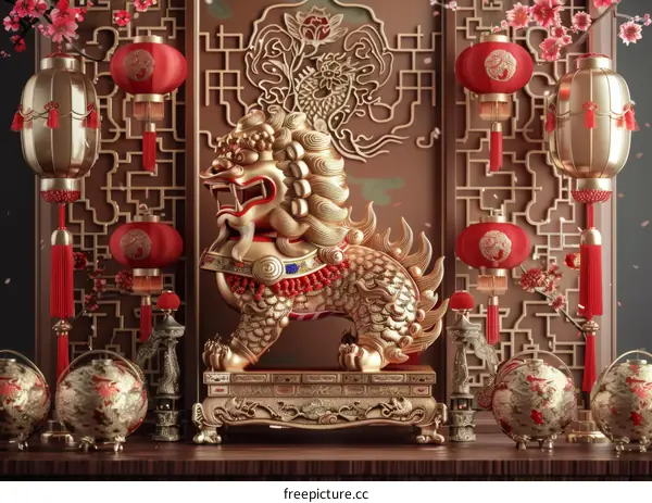 A golden lion statue adorned with red lanterns and delicate cherry blossoms