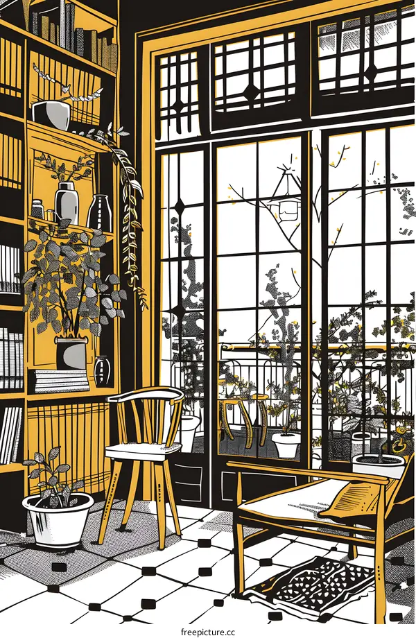 Yellow and Black Illustration of a Living Room with a Large Window