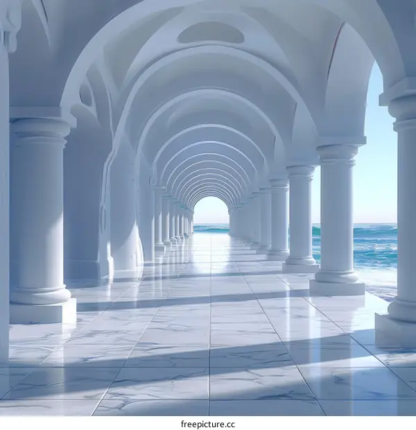 Futuristic Sci-Fi Corridor with Marble Floor and Ocean View