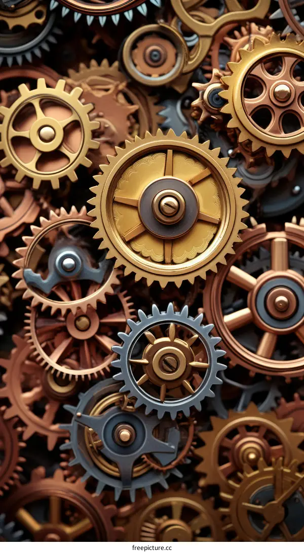 An illustration of a variety of steampunk gears and cogs