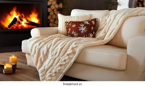 Cozy Winter Living Room Scene with Cable Knit Throw