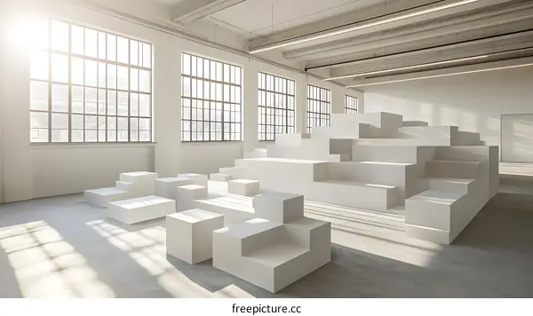 Modern Minimalist White Cubes In A Large Empty Room With Windows