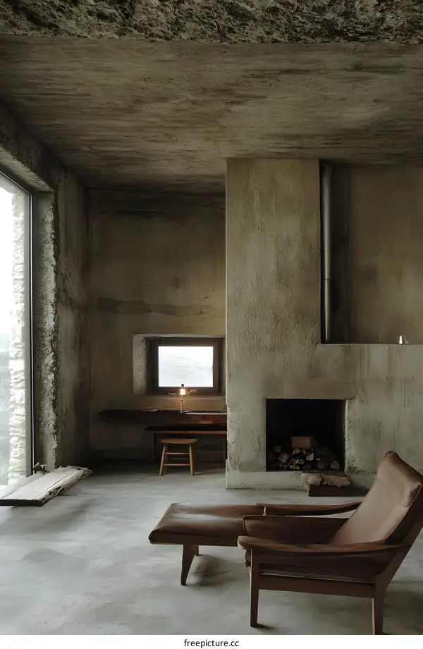 Minimalist Concrete Interior Design with Fireplace and Large Window