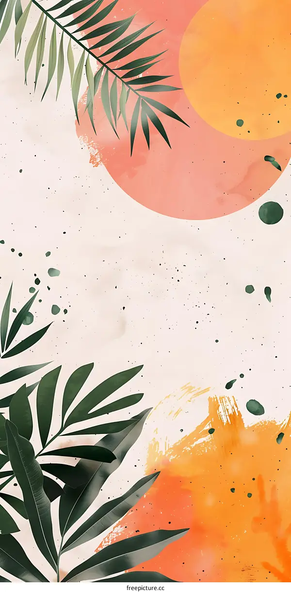 Tropical Leaves with Abstract Orange and Peach Background