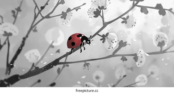 A Red Ladybug on a Cherry Blossom Branch