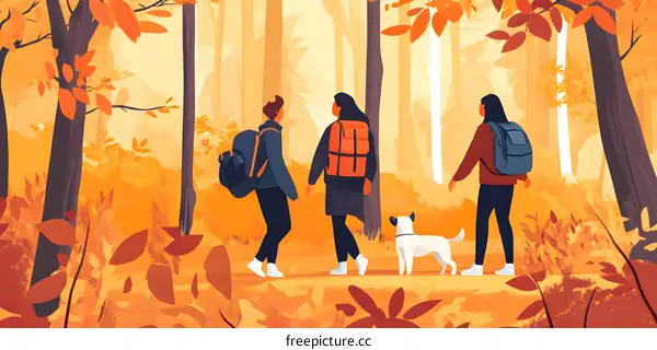Three People Walking With Dog in Autumn Forest