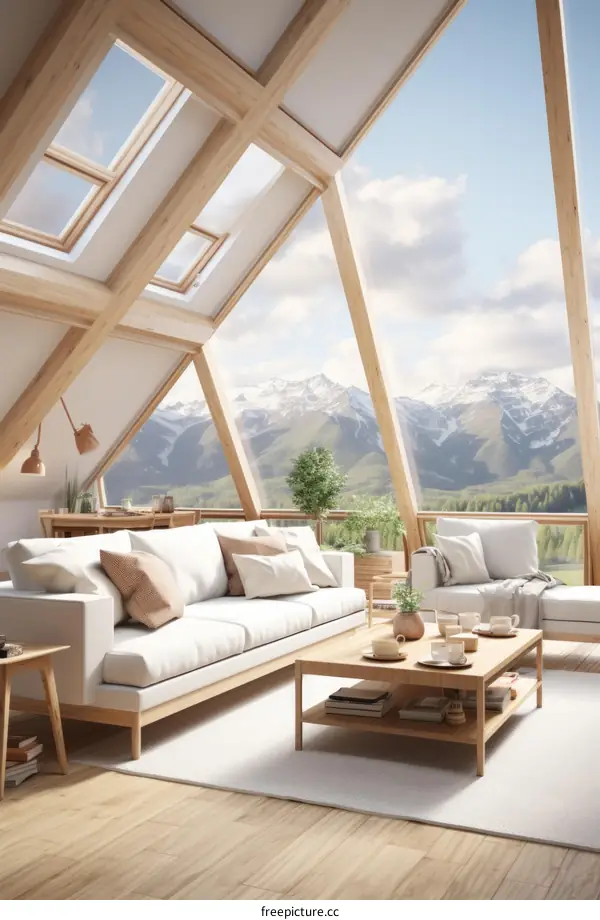 A cozy living room with a beautiful view of the mountains
