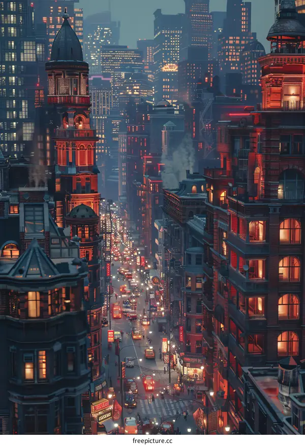 A busy street in a big city with tall buildings on both sides