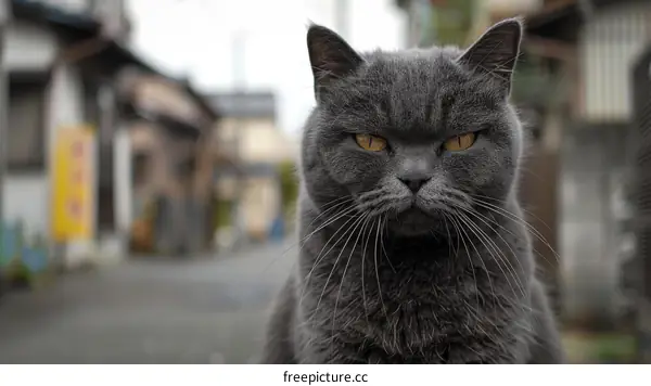 A Gray Cat Stares At The Camera