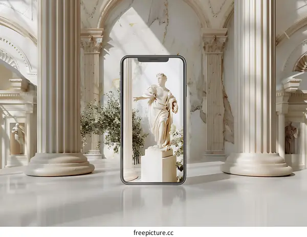 Ancient Statue in a Classic Hallway on Smartphone Screen