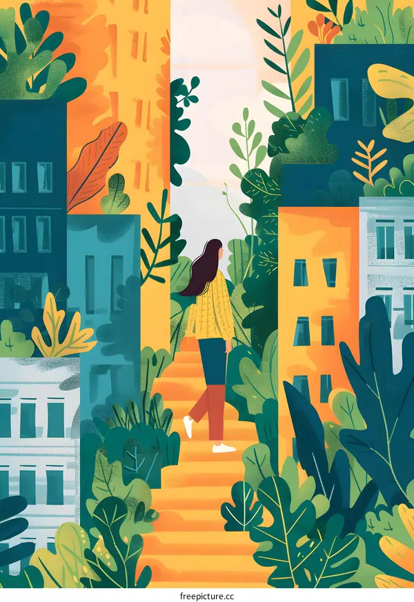 Woman Walking Up Stairs in a City with Greenery