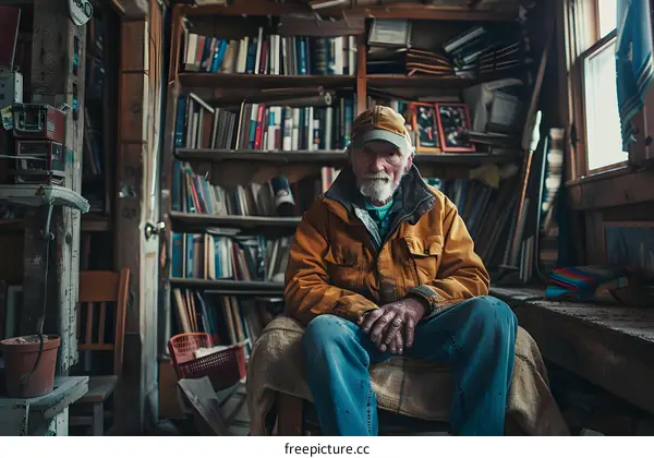 Portrait of an old man sitting in a room full of books