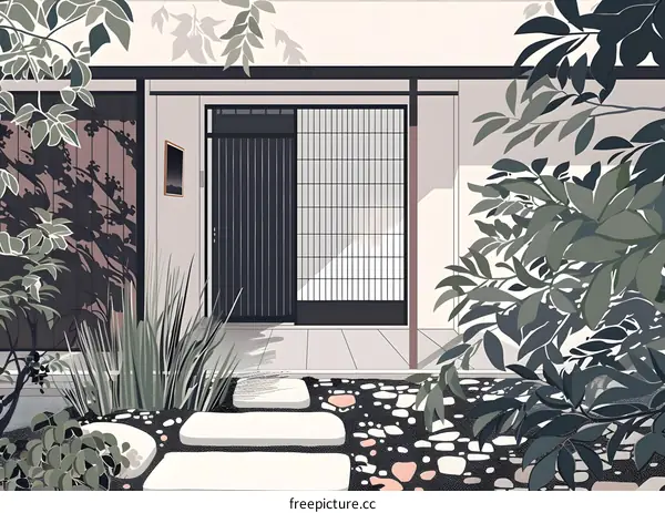 Minimalist Illustration of a Japanese Style Home with a Stone Path and Green Plants