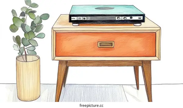 Retro Style Side Table with Plant and Home Entertainment System