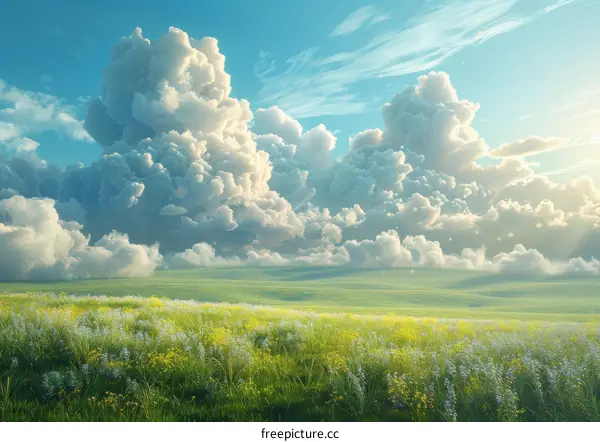 A verdant pasture extends into the distance beneath a vast sky filled with clouds