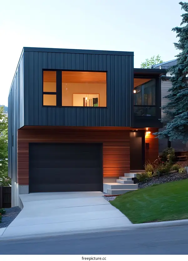 Modern House with Black and Wood Siding