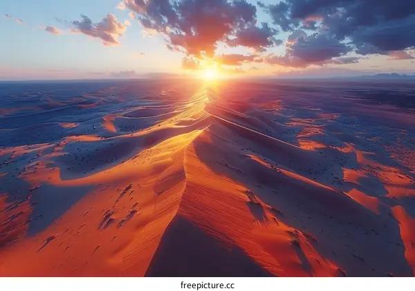 A vast and beautiful desert landscape with a setting sun and a clear blue sky