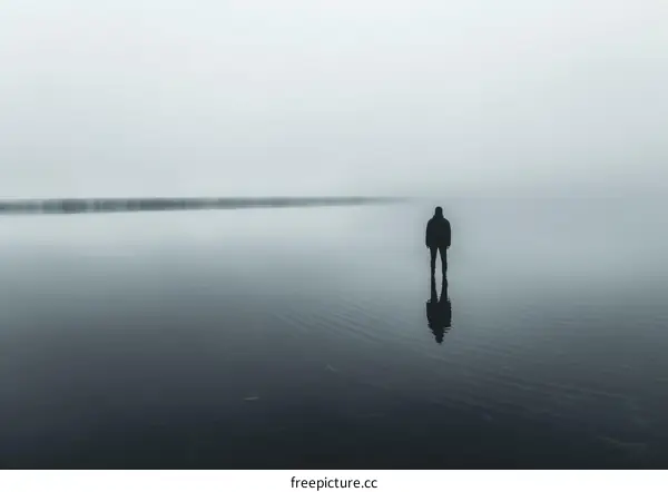 Man standing alone in the middle of a lake on a foggy day