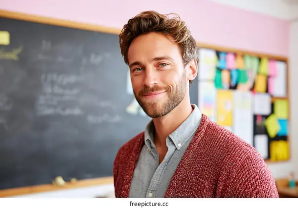 Friendly Teacher Portrait in Classroom Setting