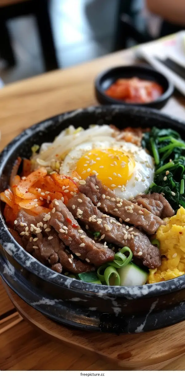 Korean Food: Dolsot Bibimbap with Beef, Egg, and Veggies in a Hot Stone Bowl