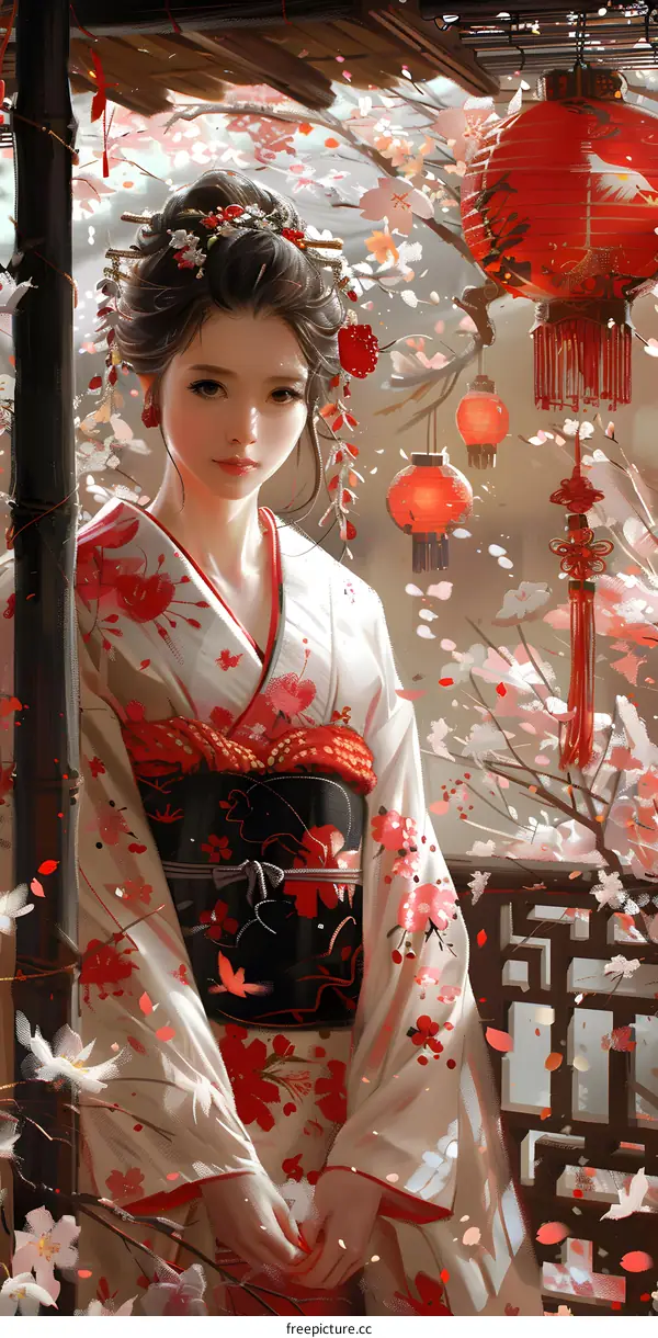 A beautiful Japanese woman in a kimono standing under a cherry blossom tree.