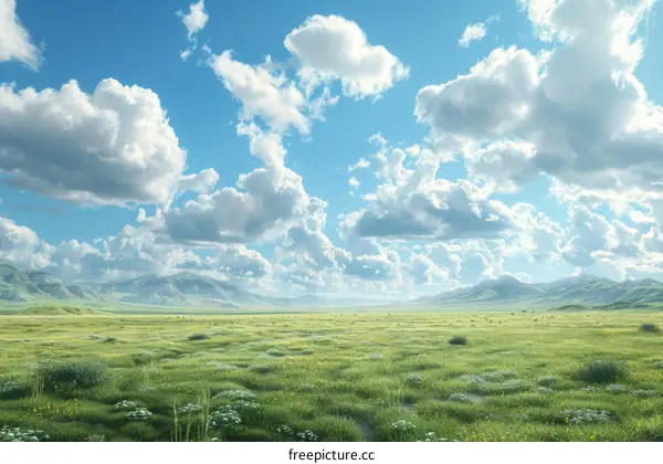 Expansive Green Prairie Landscape Under the Azure Sky and White Clouds