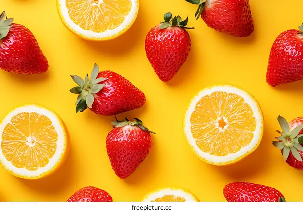 Fresh Yellow Lemon and Red Strawberry Slices on Yellow Background