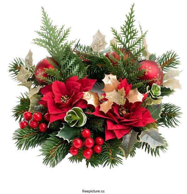 [Transparent Background PNG]Christmas Wreath with Poinsettia and Red Ornaments