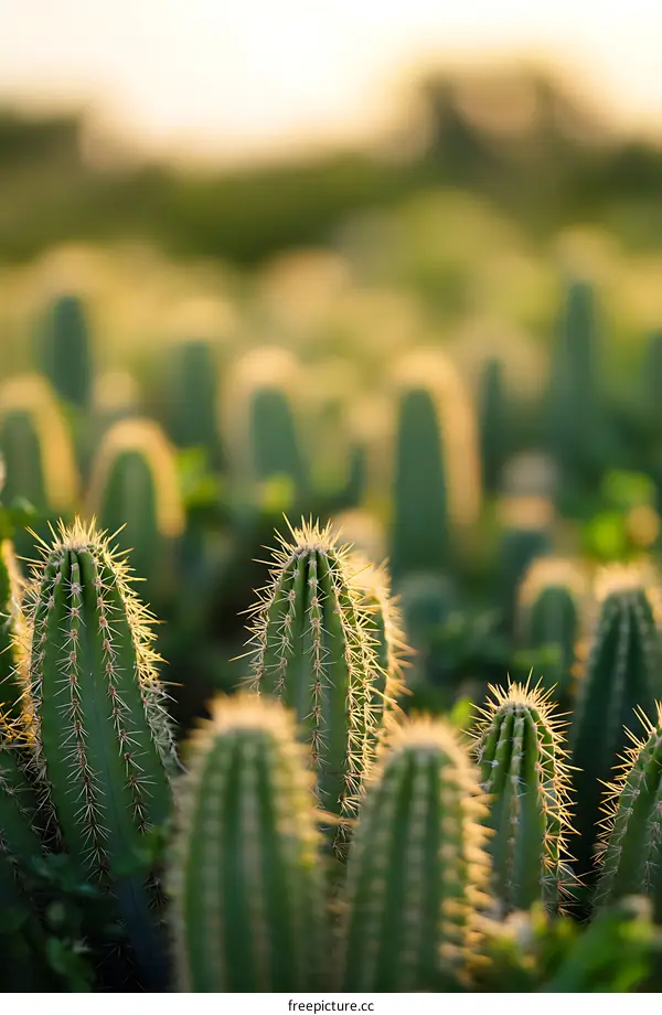 Cactus Field in Desert with Sunset