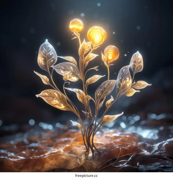 Glowing alien plant with glass-like leaves