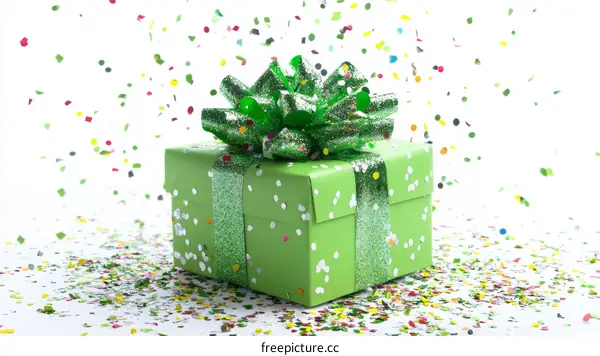 Green Gift Box with Colorful Confetti