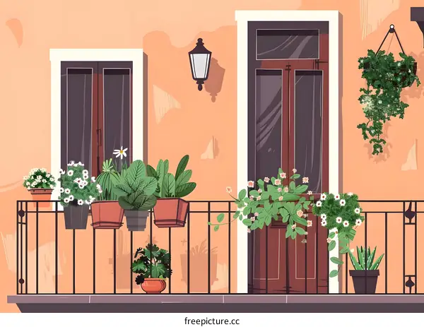 Balcony With Green Plants and Flowers Illustration