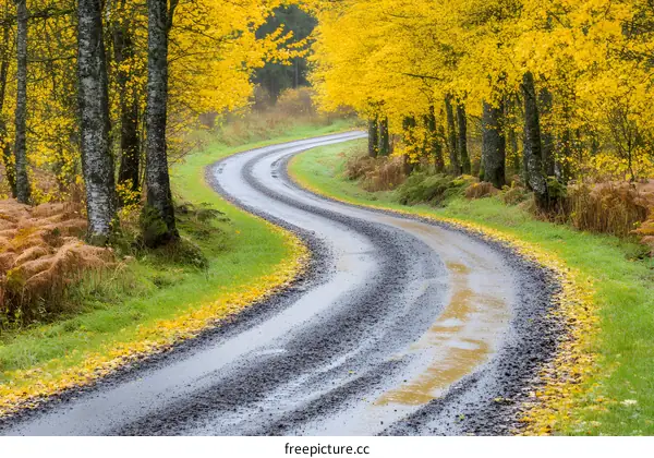 Winding Road Through Autumn Forest
