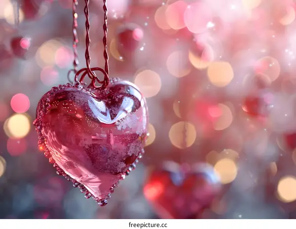 Glass heart hanging on a blurred background of pink and white lights.
