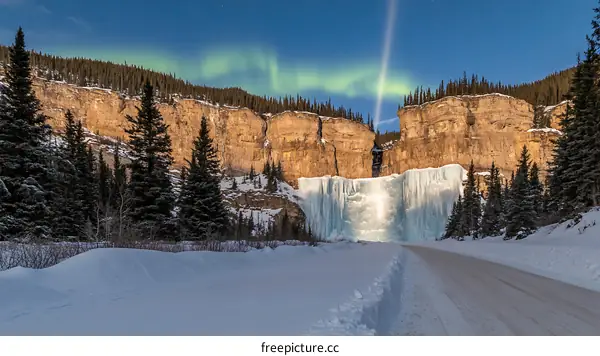 Frozen Waterfall in Winter with Aurora Borealis