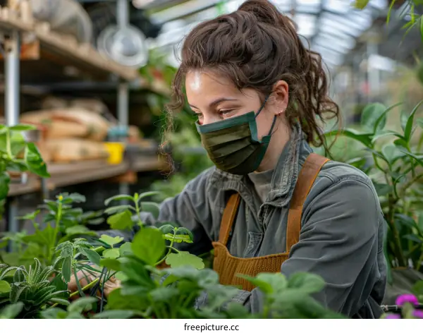 Woman wearing a mask working in a greenhouse