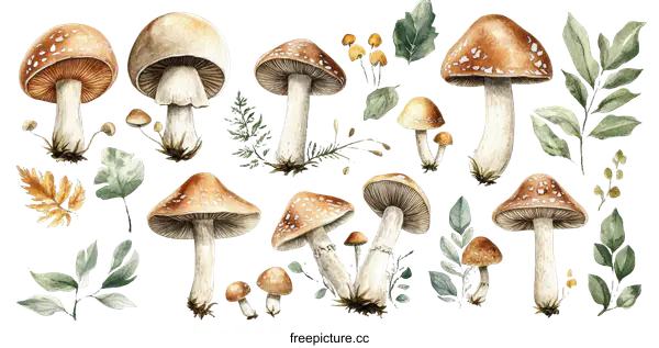 [Transparent Background PNG]Watercolor Mushroom Botanical Illustration Set