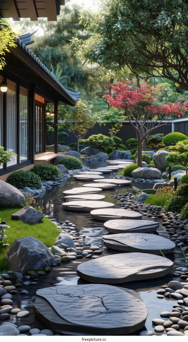 Zen Garden Design with Red Maple, Bamboo, and Stepping Stones