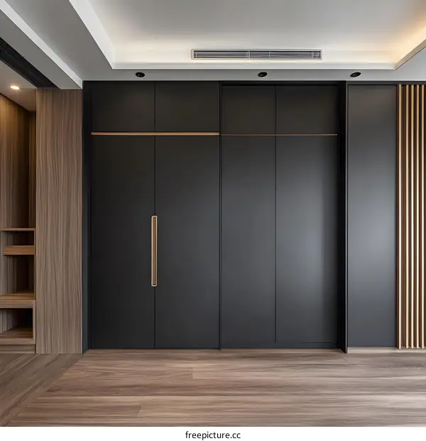 Modern Minimalist Interior Design with Black and Wood Cabinets
