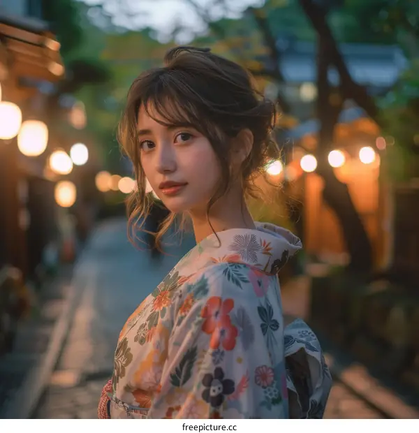 Young Asian Woman in Kimono Standing on Traditional Japanese Street at Night