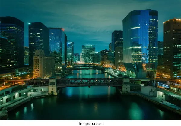 Night view of modern city with river and bridges