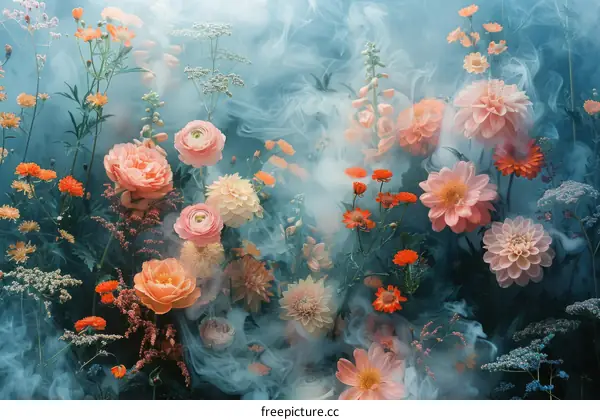 Colorful Flowers Veiled in a Misty Ambiance