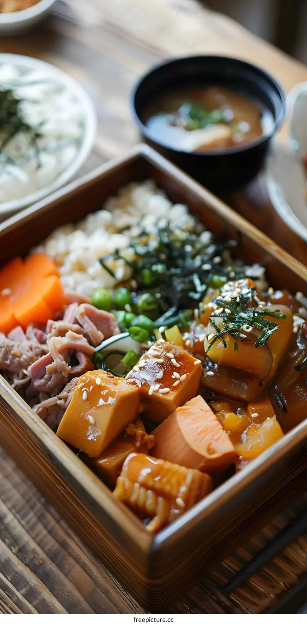 A delicious and healthy Japanese meal with rice, vegetables and meat