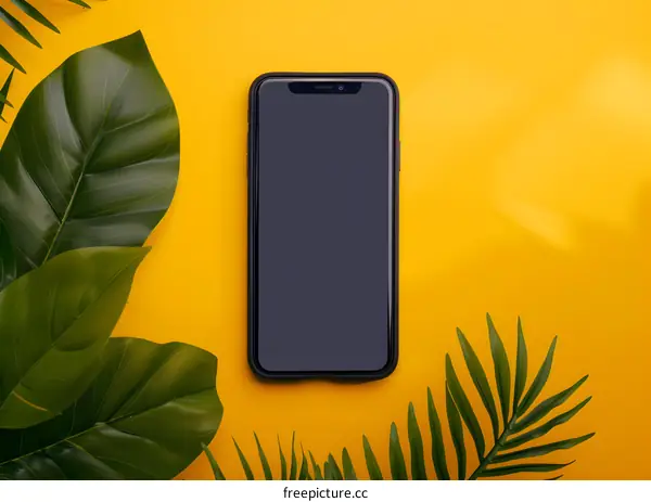 Black Smartphone On Yellow Background With Green Leaves