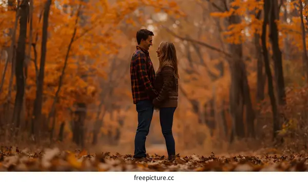 A couple is standing in a forest with fallen leaves in autumn admiring the scenery