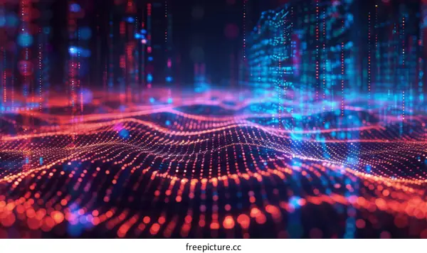 Red and Blue Digital Particles form a Futuristic Cityscape