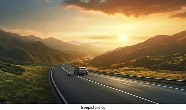 Car driving through the mountains at sunset