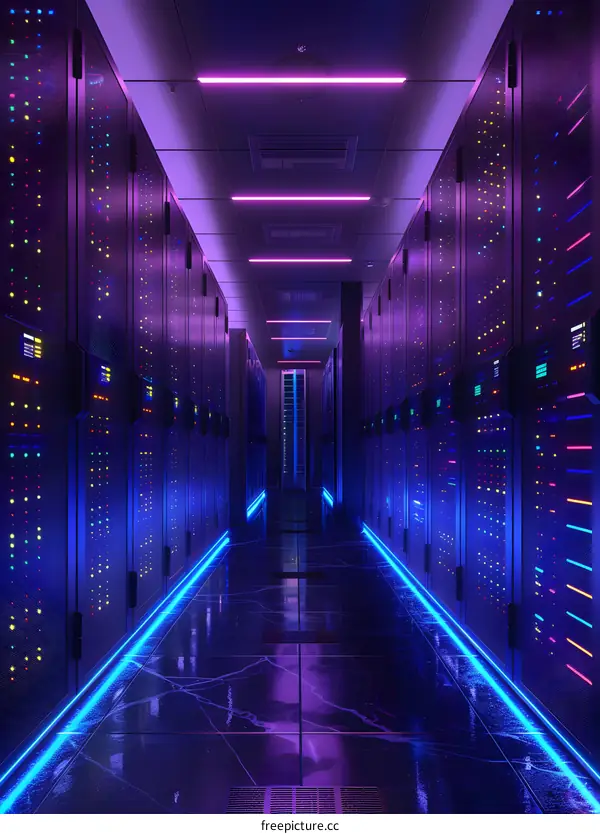 futuristic server room with purple neon lights