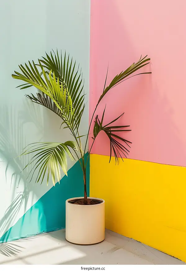 Palm Plant in Corner with Pastel Walls