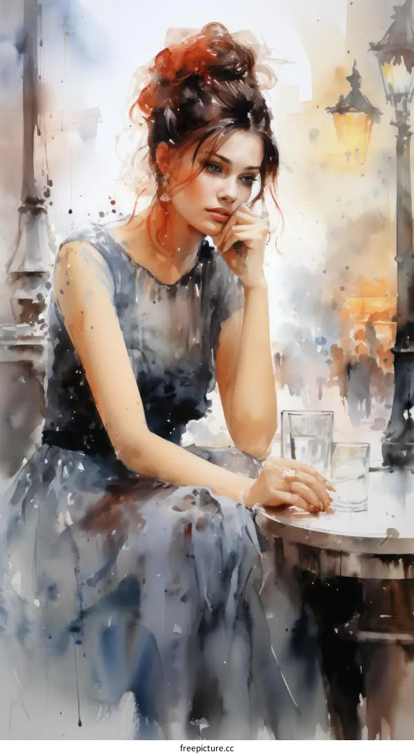 An elegant woman in a blue dress is sitting at a table in a cafe